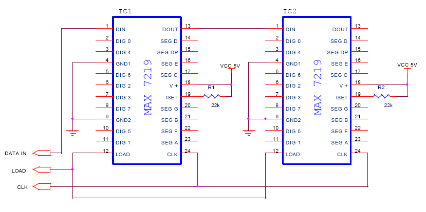 2 MAX7219 are used to drive the RGB LED. 1 for the Red and Green LEDs, 
